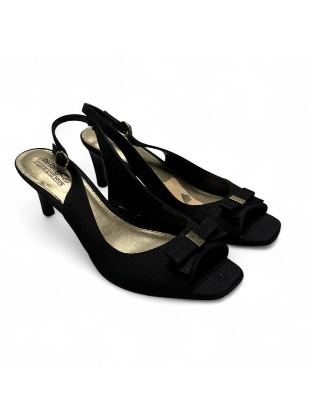 Coach & Four Black Kitten Heels gold bow slingback kitten heels 2” heel 9 1/2